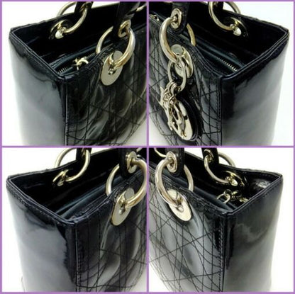 Dior Cannage Handbag Enamel Black Silver Hardware: