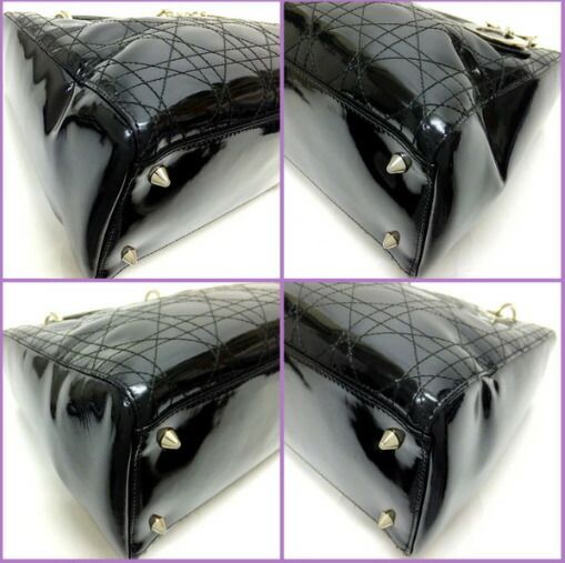 Dior Cannage Handbag Enamel Black Silver Hardware: