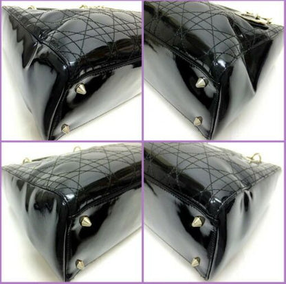 Dior Cannage Handbag Enamel Black Silver Hardware: