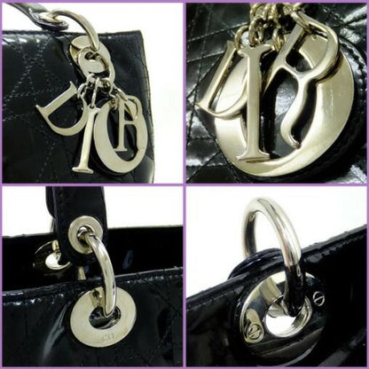 Dior Cannage Handbag Enamel Black Silver Hardware: