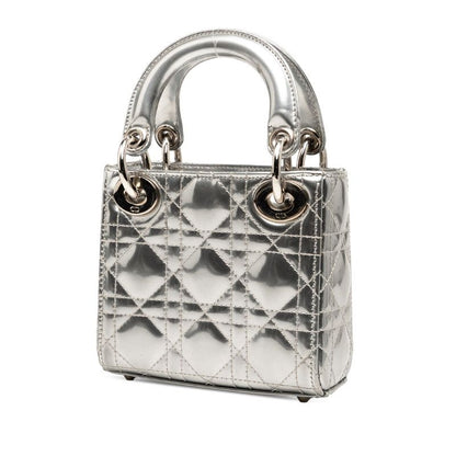 Dior Cannage Baby Lady Dior Nano 2-Way Shoulder Bag Silver Patent Leather