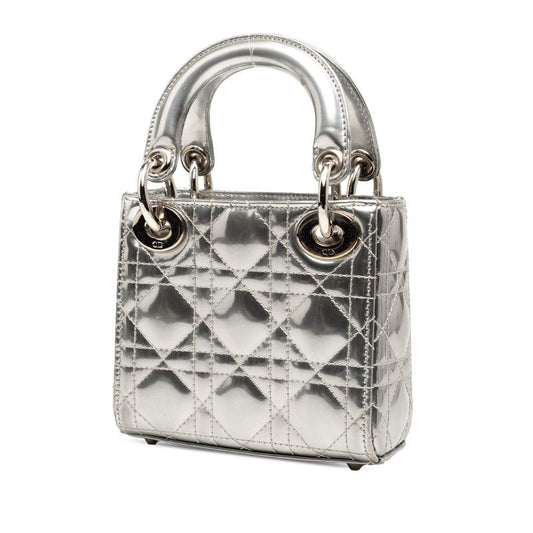 Dior Cannage Baby Lady Dior Nano 2-Way Shoulder Bag Silver Patent Leather