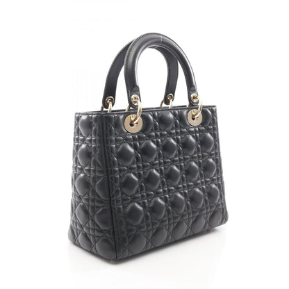 Dior Handbag Lady Dior Cannage Faux Pearl 2-Way Black Leather Tote