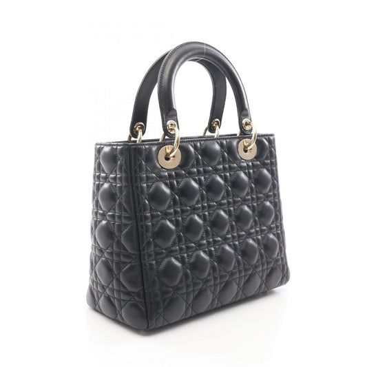 Dior Handbag Lady Dior Cannage Faux Pearl 2-Way Black Leather Tote