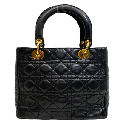 Dior Lady Cannage Handbag Gold Lambskin Leather Black Feminine