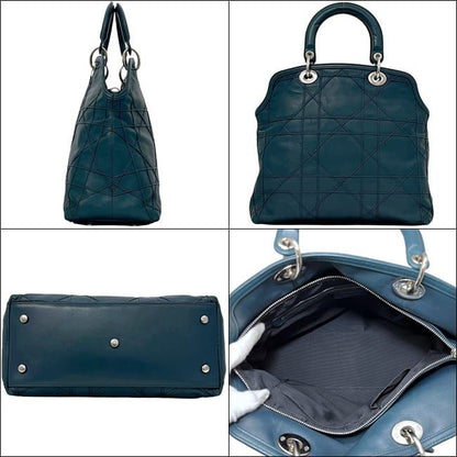 Dior Tote Granville Green Blue Cannage Handbag Leather Logo Charm Stitching