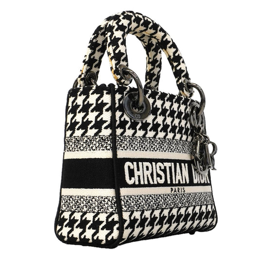 Dior Handbag Lady D Light Canvas White Black Silver 2-Way