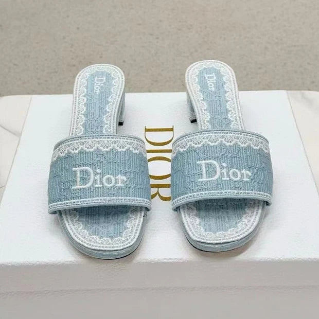 Dior2026 Dentelle Heeled Slide 3.5cm Sky Blue Dior Oblique Embroidered Cotton and White Lace