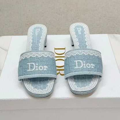 Dior2026 Dentelle Heeled Slide 3.5cm Sky Blue Dior Oblique Embroidered Cotton and White Lace