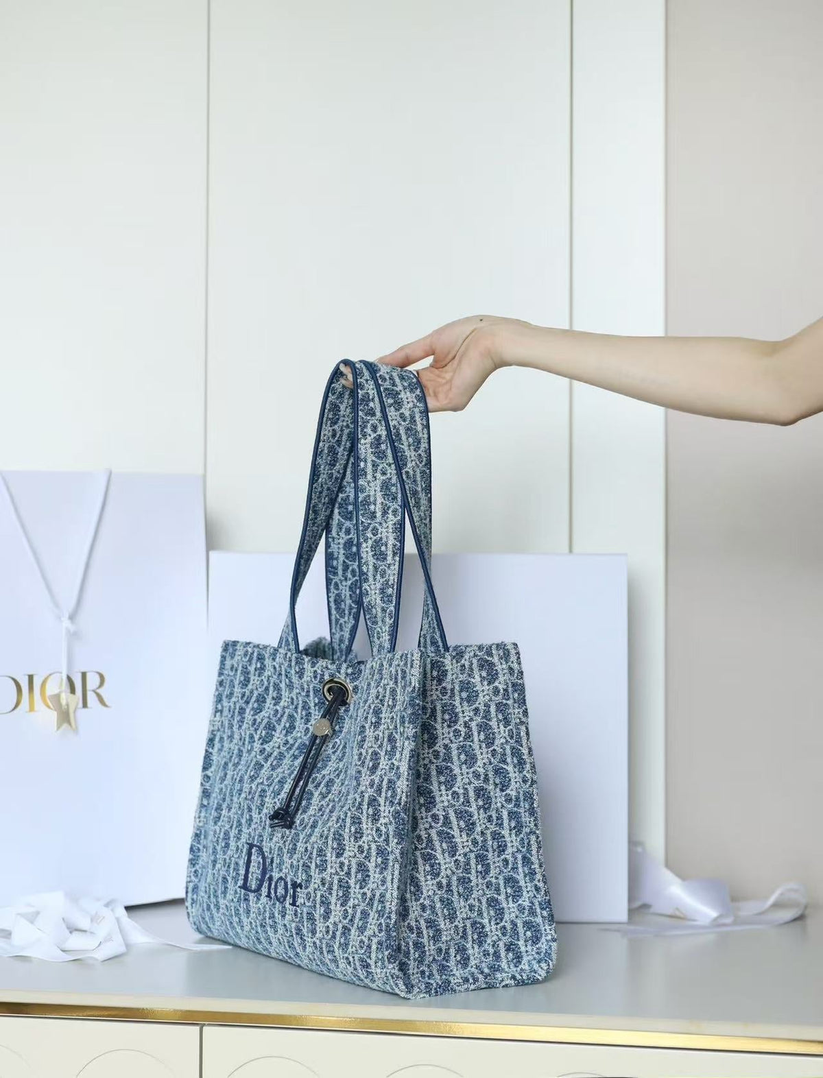 CD Dioriviera Spongy Book Tote Blue Printed Cotton