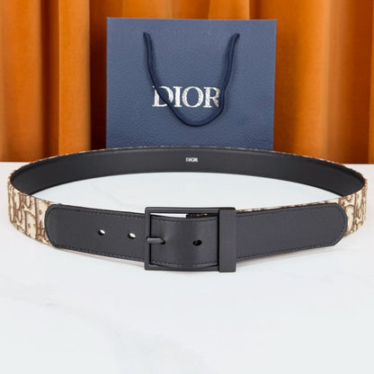 Dior 2026 Oblique Jacquard Reversible Strap Belt 35mm Canvas Leather