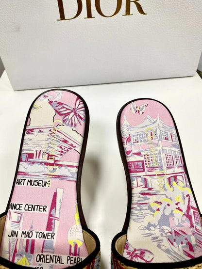 CD 26s Embroidered Sandals Pink Beige Multicolor Canvas Leather 683005