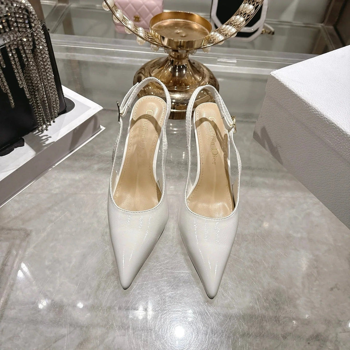 CD 26 Slingback 80 White Beige Patent Leather 679851