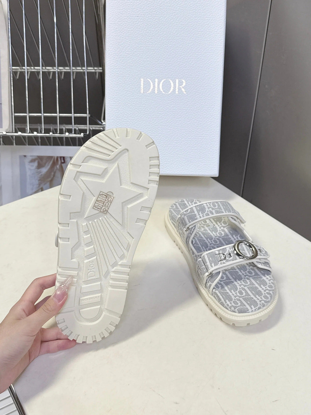 Dior 2026 Velcro Slip-on Sandal Grey White Fabric Leather 716904