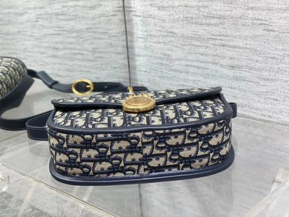 Dior 2026 Medaillon Oblique Jacquard Flap Bag 23cm Blue Beige Fabric 355386