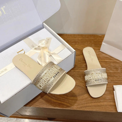 CD 26s Embroidered Sandals Beige Canvas Leather 685603
