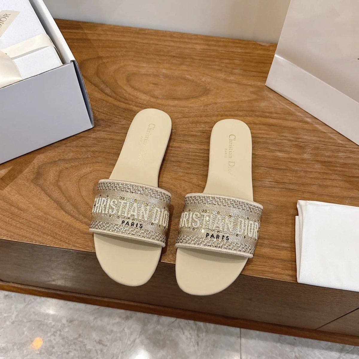 CD 26s Embroidered Sandals Beige Canvas Leather 685603