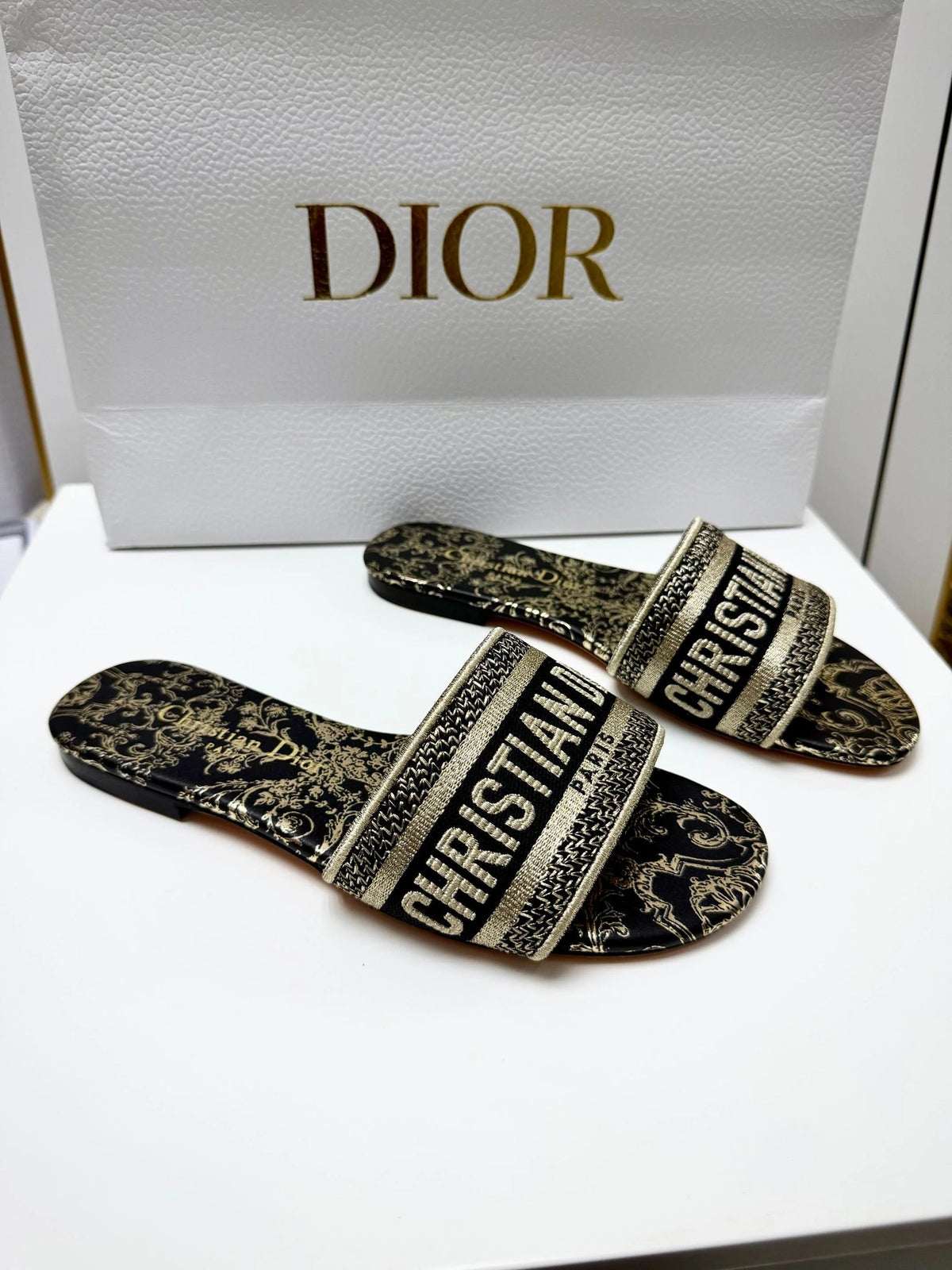 CD 26s Embroidered Sandals White Gold Genuine Leather 683023