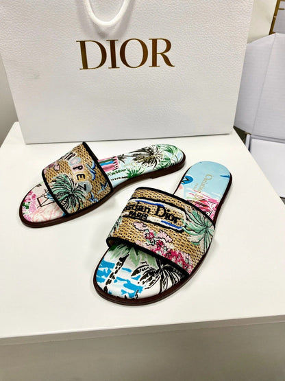 CD 26s Embroidered Sandals Blue Multicolor Canvas Leather 683006