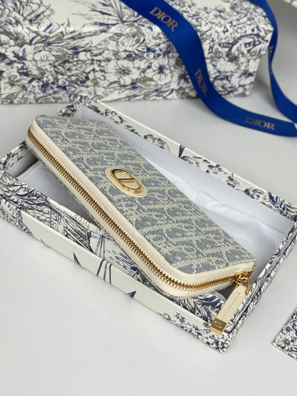 Dior 2026 Montaigne Voyageur Slim Wallet 20cm Blue Demin Fabric