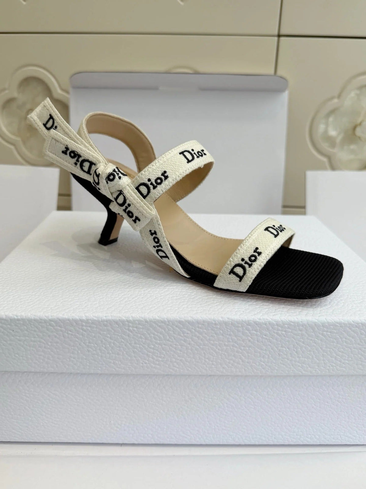 Dior 2026 Strappy High-heeled Sandal Black White Embroidered Cotton Leather 717870