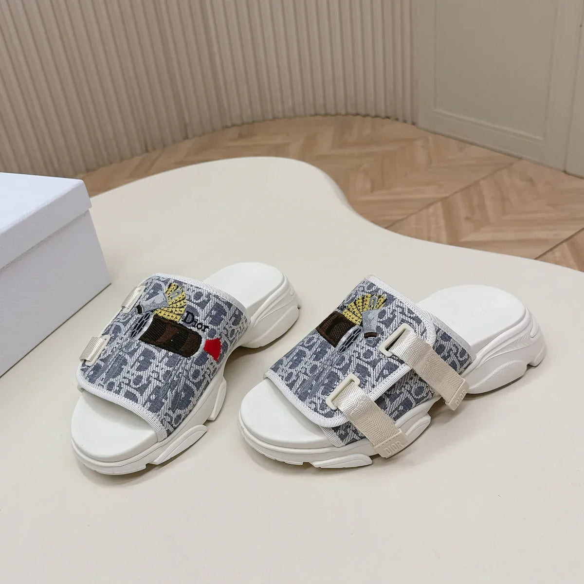 CD 26s Platform Slippers 35 Blue White Canvas Lambskin 643809