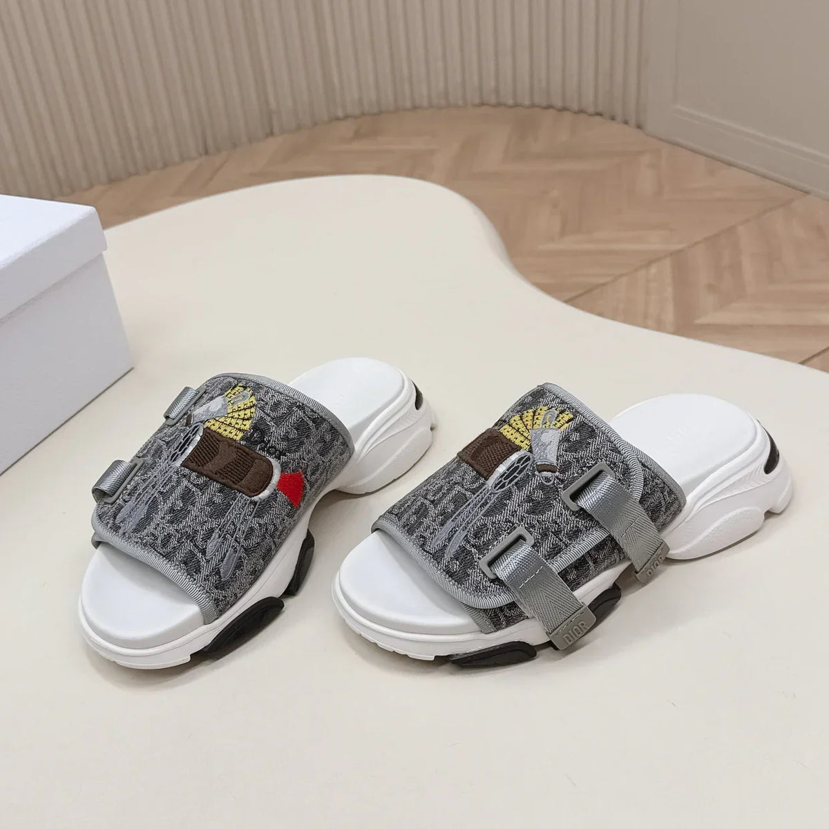 CD 26s Platform Slippers 35 Gray White Canvas Lambskin 643811