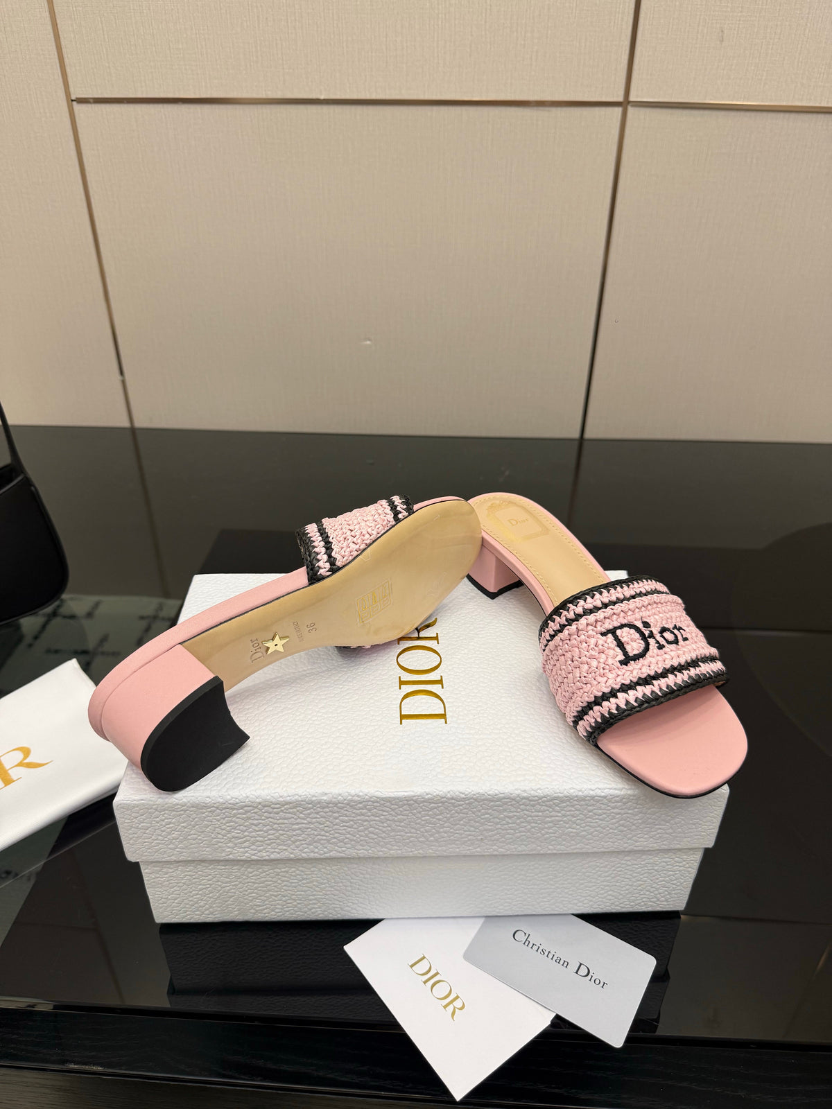 CD Dioriviera Woven Slides 4cm Pink Fabric Goatskin 828258