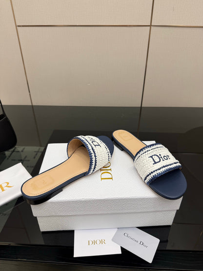 CD Dioriviera Woven Slides White Blue Fabric Goatskin 828262