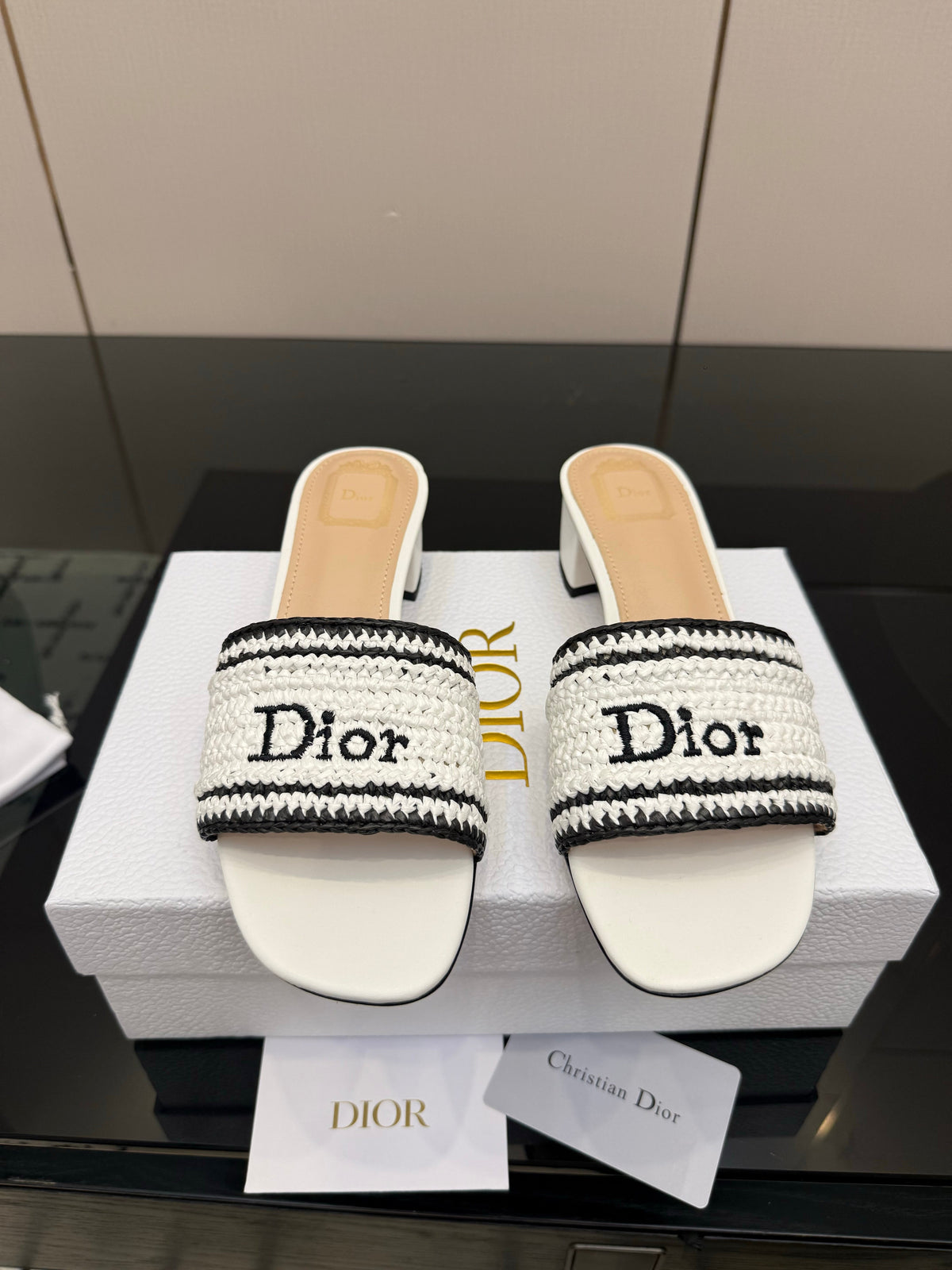 CD Dioriviera Woven Slides 4cm White Fabric Goatskin 828265