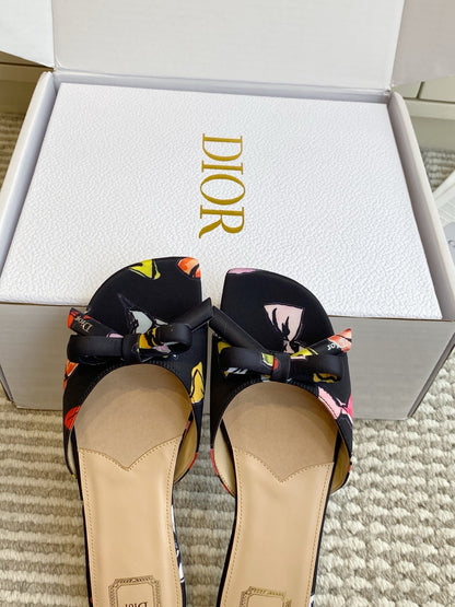 CD 26s Bow Kitten Flat Open Back Sandals Black Lambskin 909654