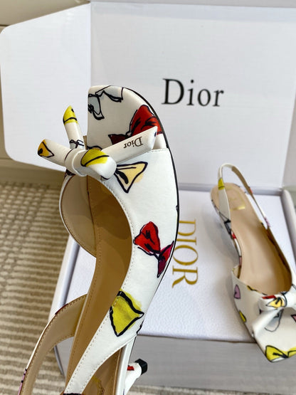 CD 26s Bow Kitten Heel Open Back Sandals White Lambskin 909657