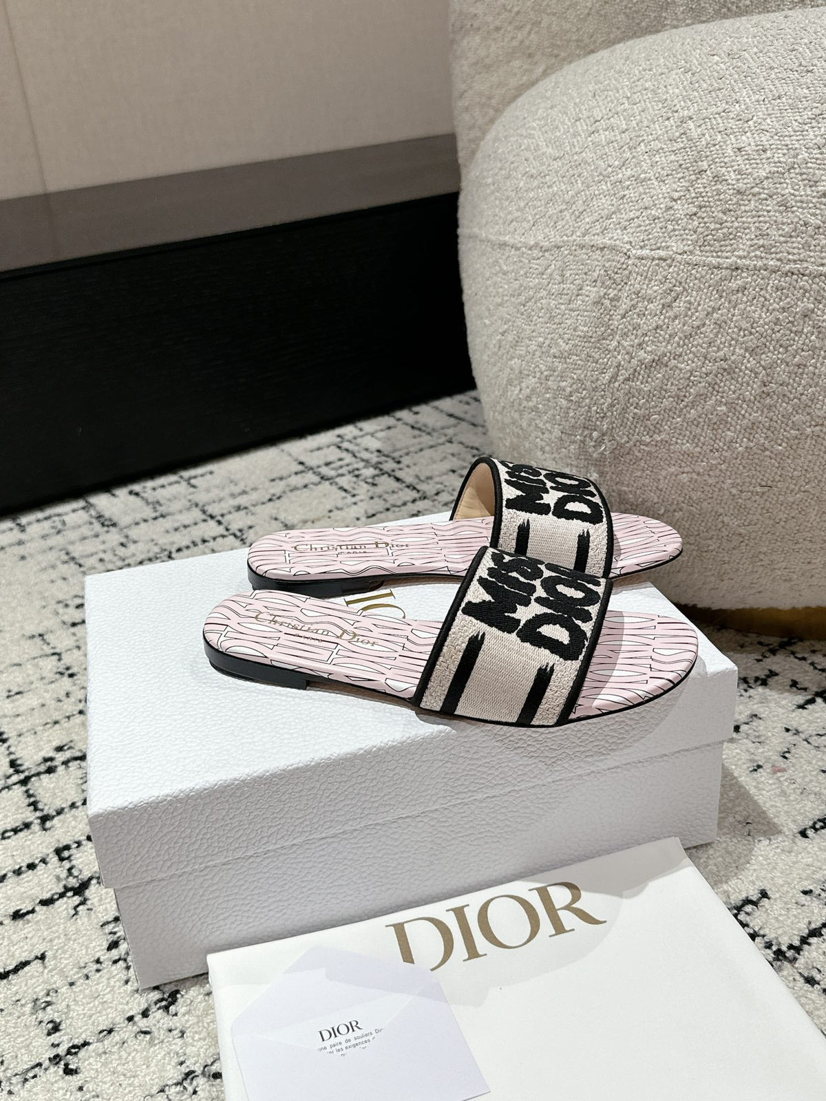 CD Dway Slide Pink Mix Black Embroidered Cotton