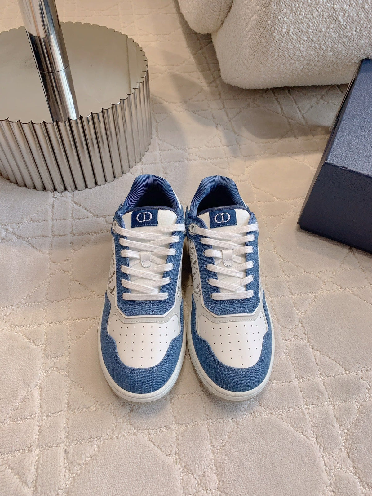 CD B27 Low-Top Sneaker White Blue Print Calfskin And Denim Fabric