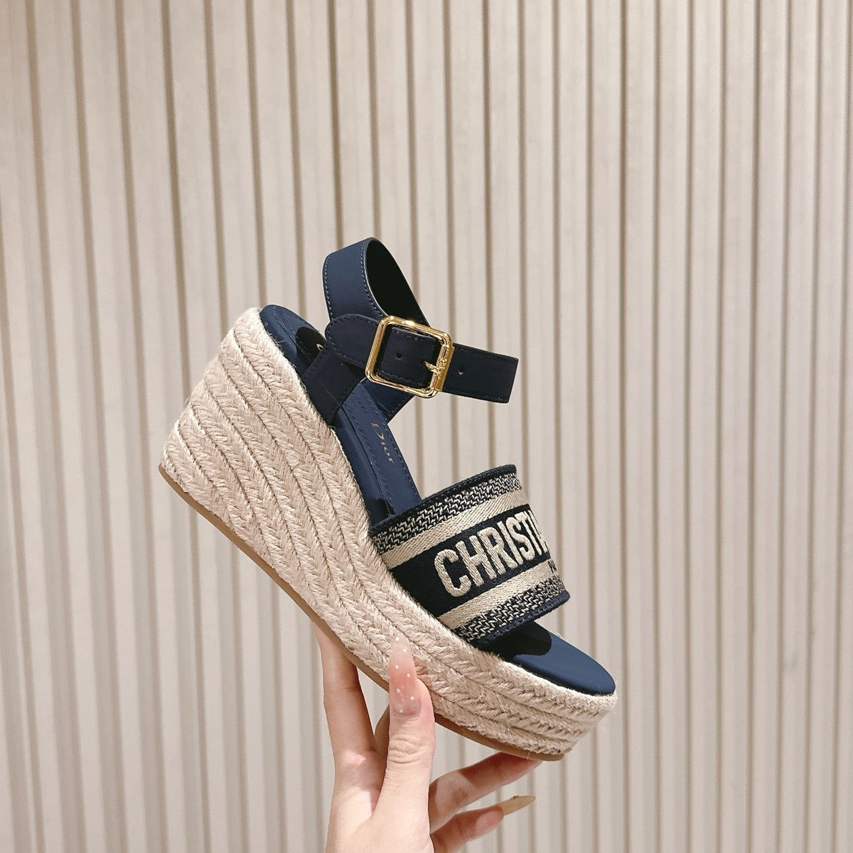 CD Dway Wedge  Sandal 85mm Deep Blue Calfskin and Embroidered 483077