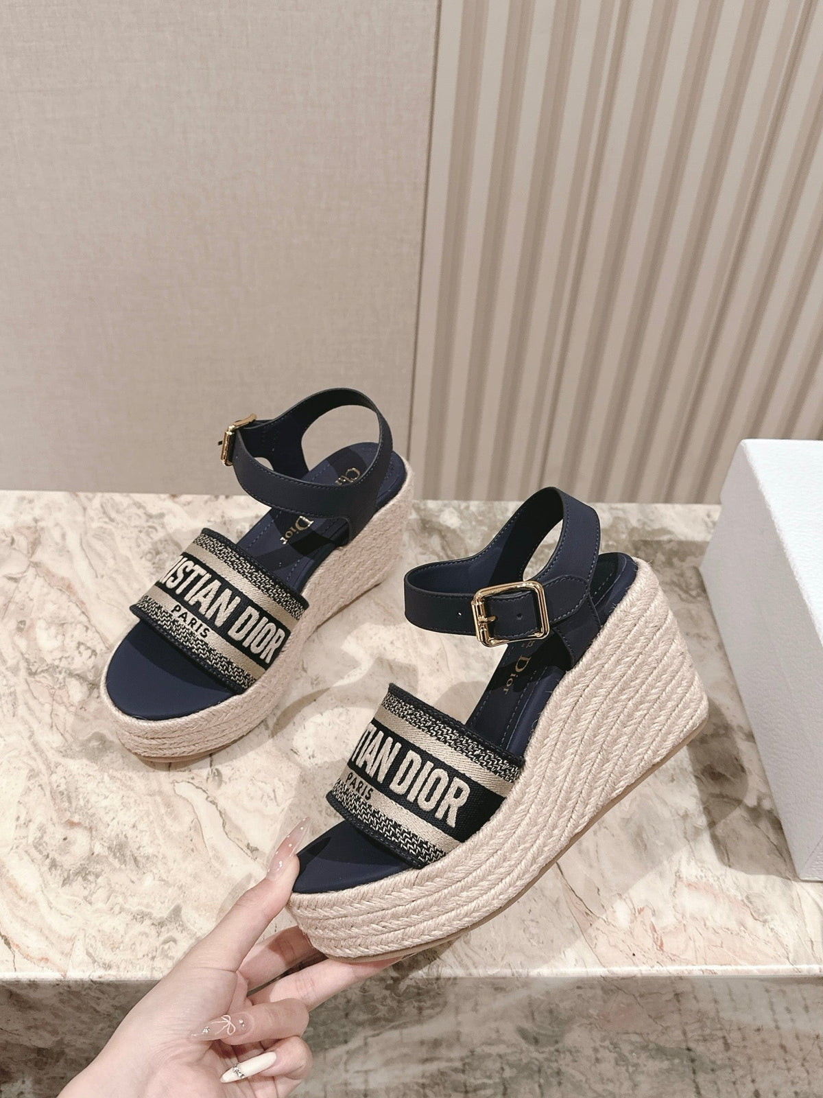 CD Dway Wedge  Sandal 85mm Deep Blue Calfskin and Embroidered 483077