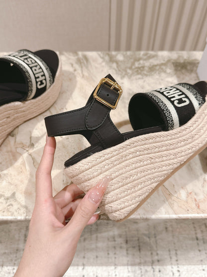 CD Dway Wedge  Sandal 85mm Black Calfskin and Embroidered 483078