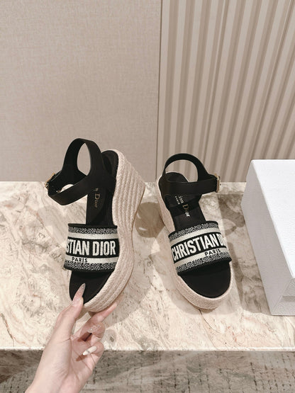 CD Dway Wedge  Sandal 85mm Black Calfskin and Embroidered 483078