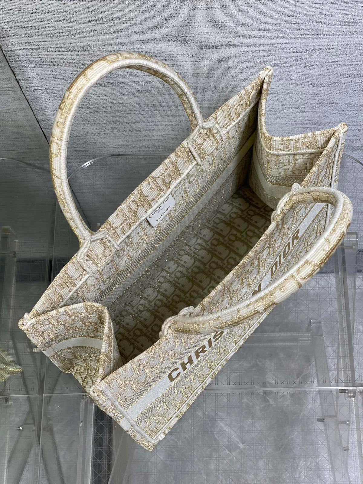 CD Medium Dior Book Tote White Beige Cotton Oblique Jacquard