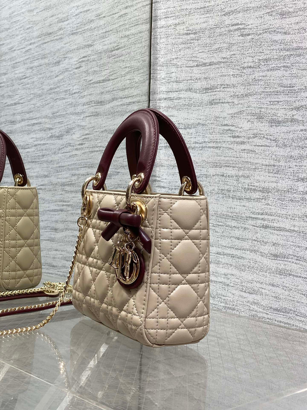 Dior 2026 Mini Lady Dior Bag Beige Burugndy Lambskin 286583