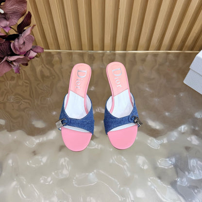 CD Half-Length Mule Heels Blue Pink Denim Leather 884812