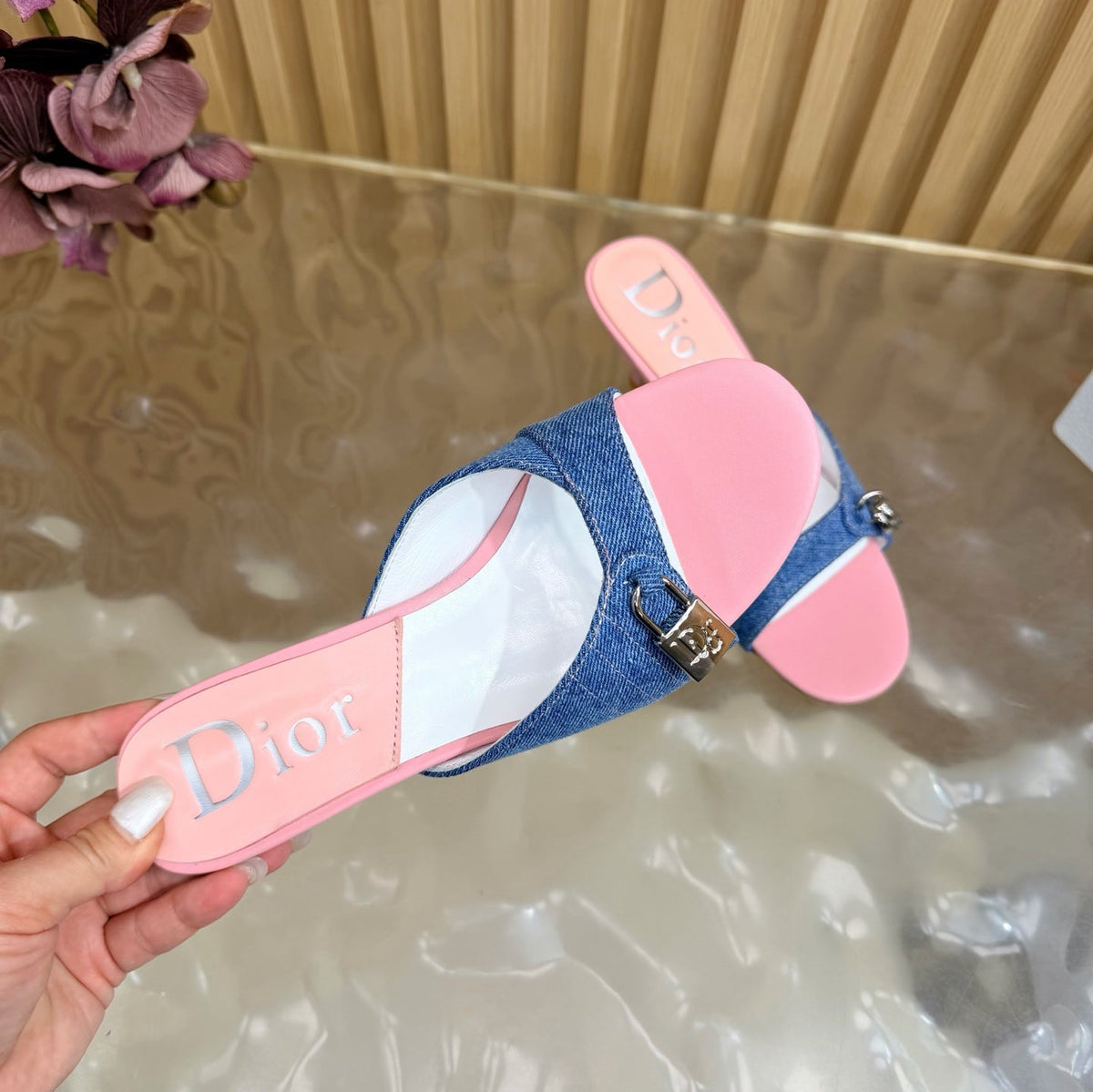 CD Half-Length Mule Heels Blue Pink Denim Leather 884812