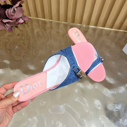 CD Half-Length Mule Heels Blue Pink Denim Leather 884812