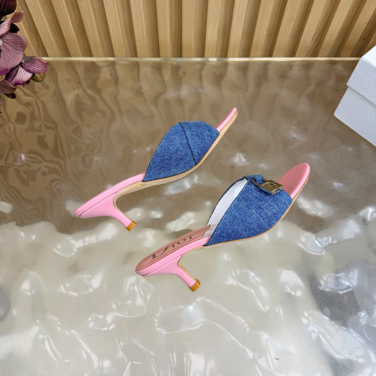 CD Half-Length Mule Heels Blue Pink Denim Leather 884812