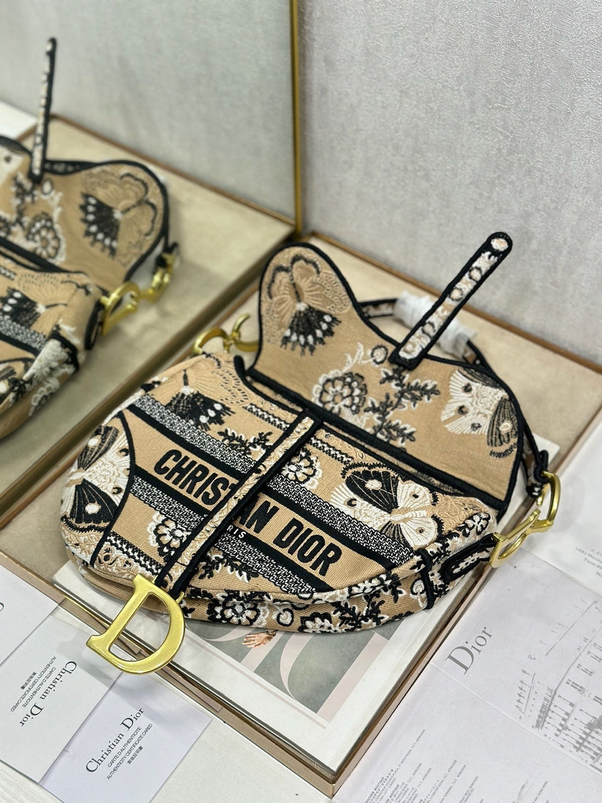 CD Saddle Bag 25.5cm Black Beige Butterfly Embroidery Canvas