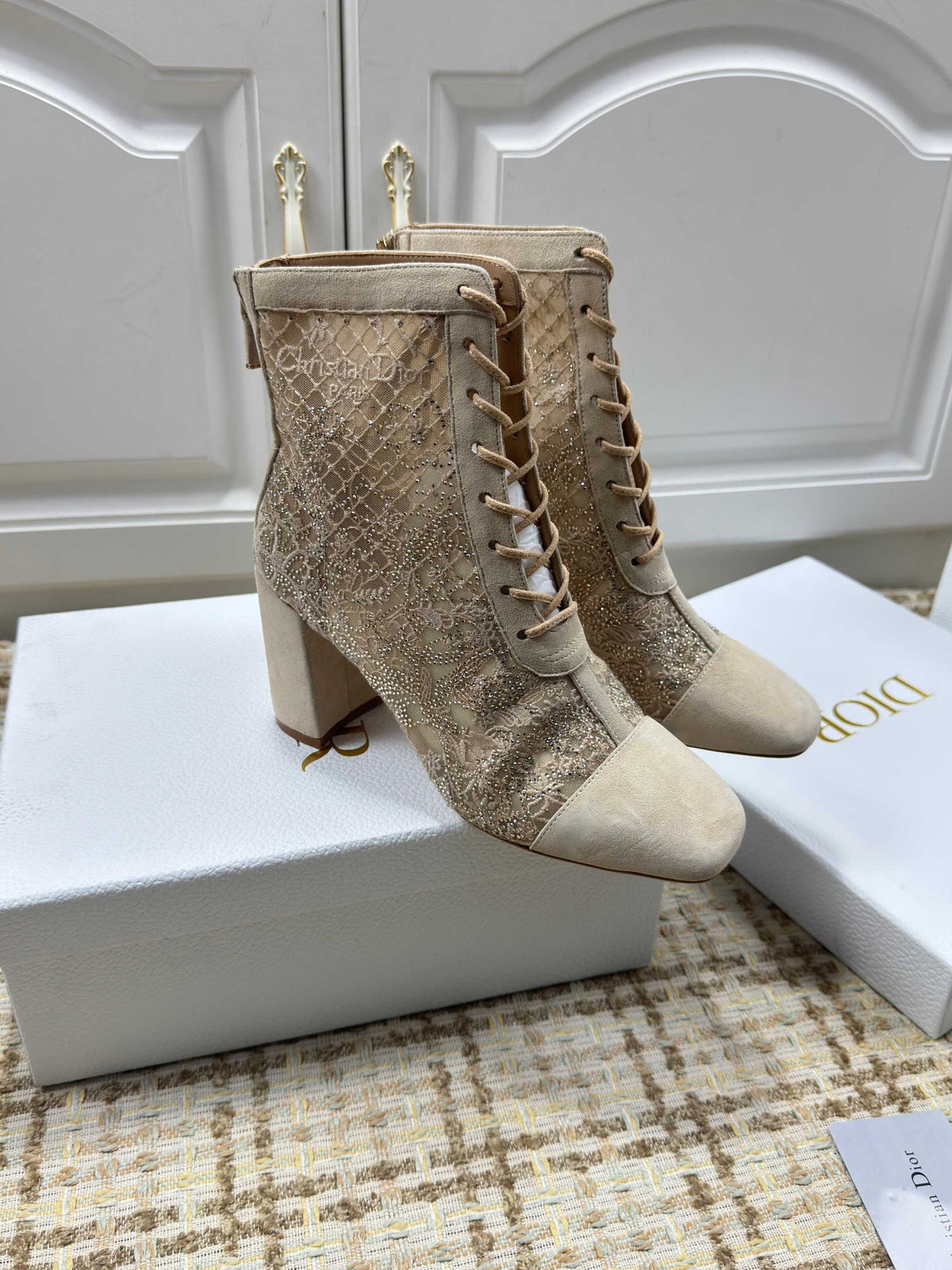 CD 26s Lace Up Ankle Boots 35mm In Beige Lace Suede Block Heel