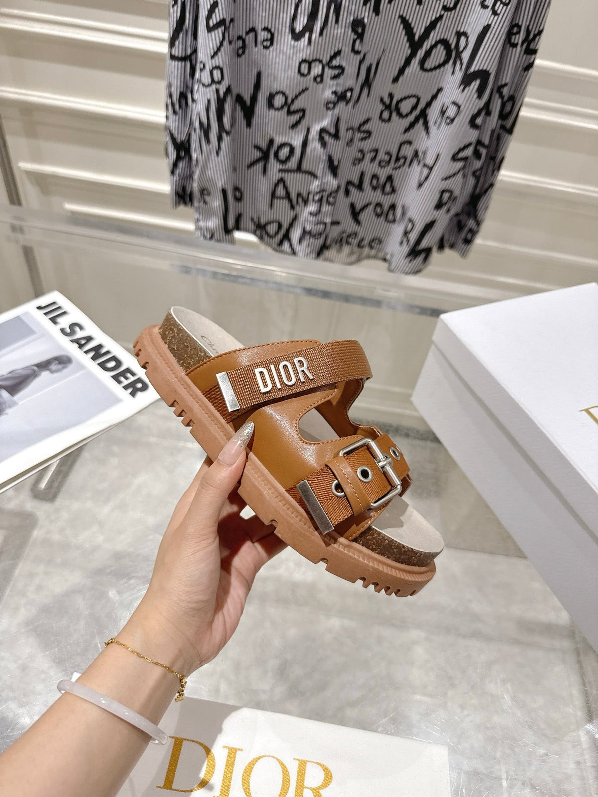 CD 26s Double-Strap Slide Sandals Tan Calfskin 919009