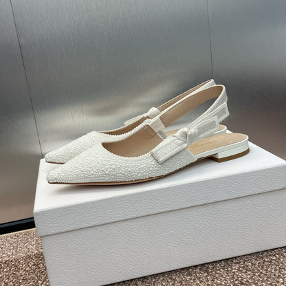 cd slingback flat embroidered cotton white calfskin resin pearl