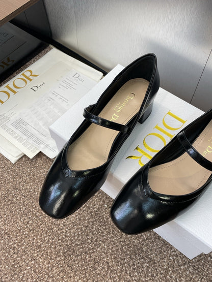 CD Chunky Heel Round Toe Ballet Black Patent Leather 524205