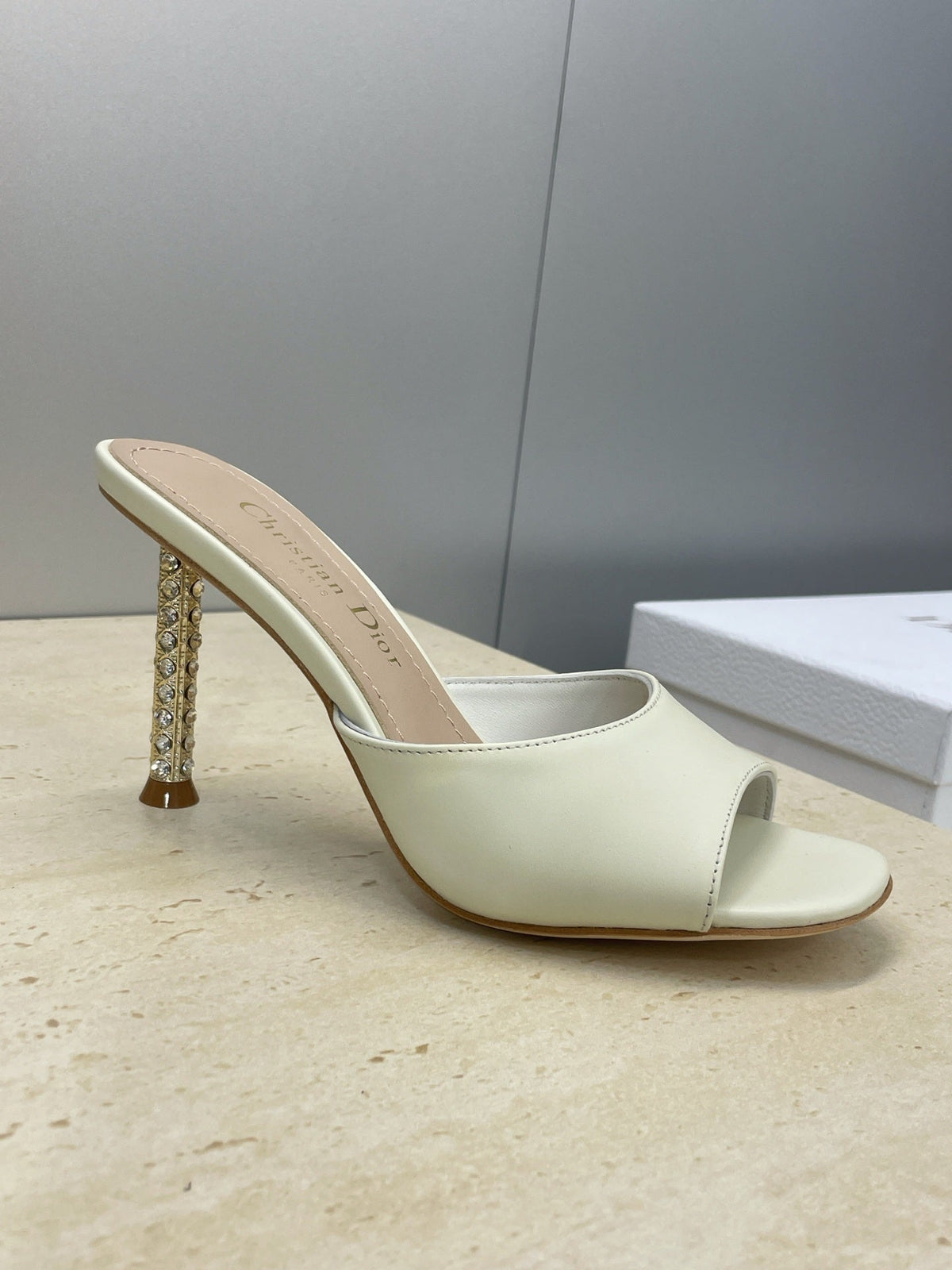 CD 26s Icon Heeled Slide 8cm Cream Leather Silk 633058